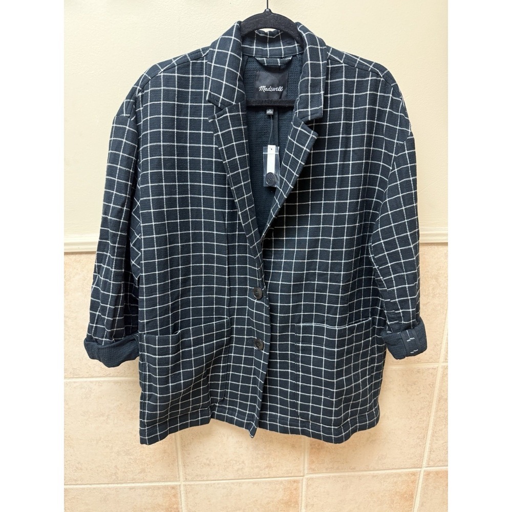 Madewell Waffleback Shaw Blazer Jacket Black White Windowpane Plaid NWT Sz L - Picture 2 of 15